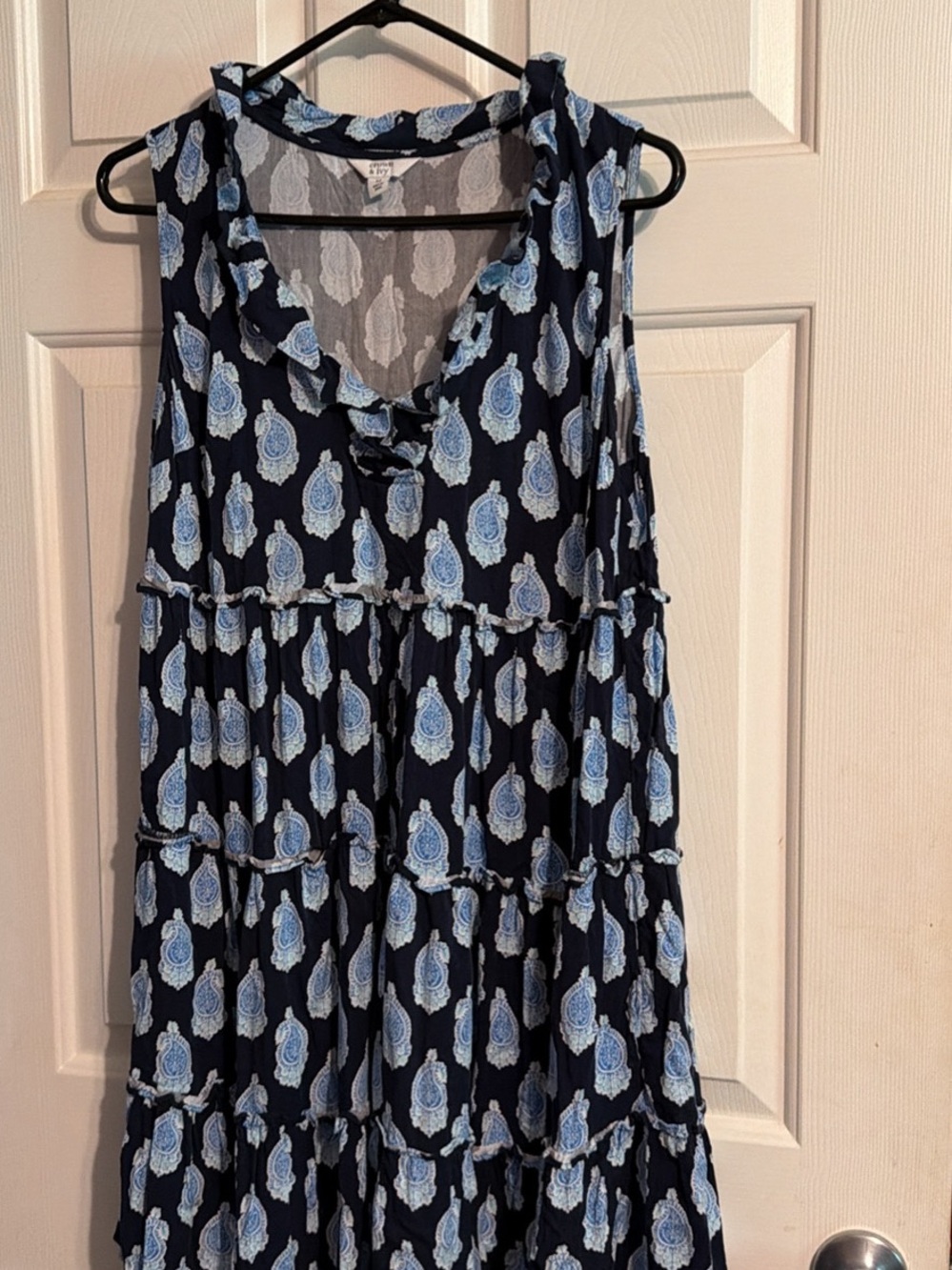Sleeveless Navy Paisley Print Tiered Womens Dress